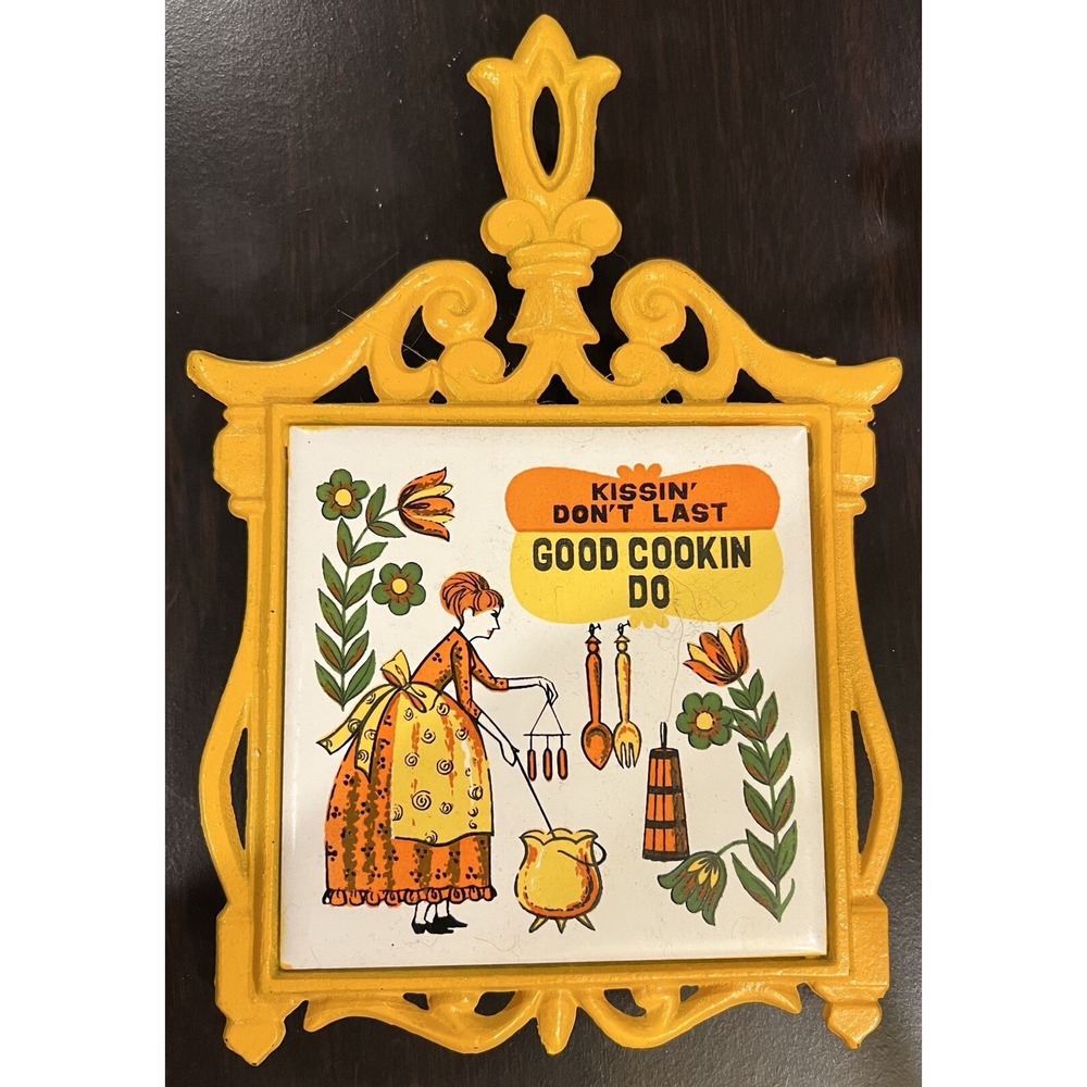 Vntage Cast Iron Ceramic Tile "Kissin' Don't Last Good Cookin Do" Kitchen Trivet